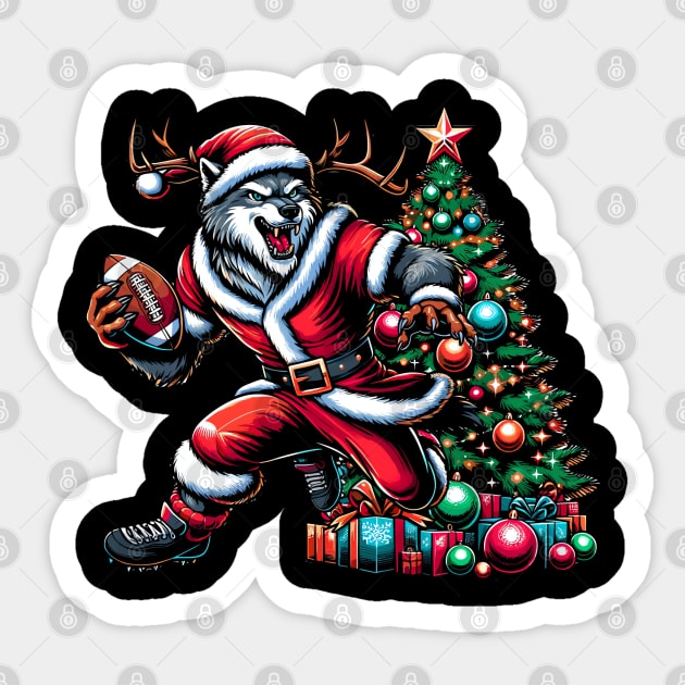 Funny Santa Wolf Play Football, Christmas Tree Sticker by Origami Fashion